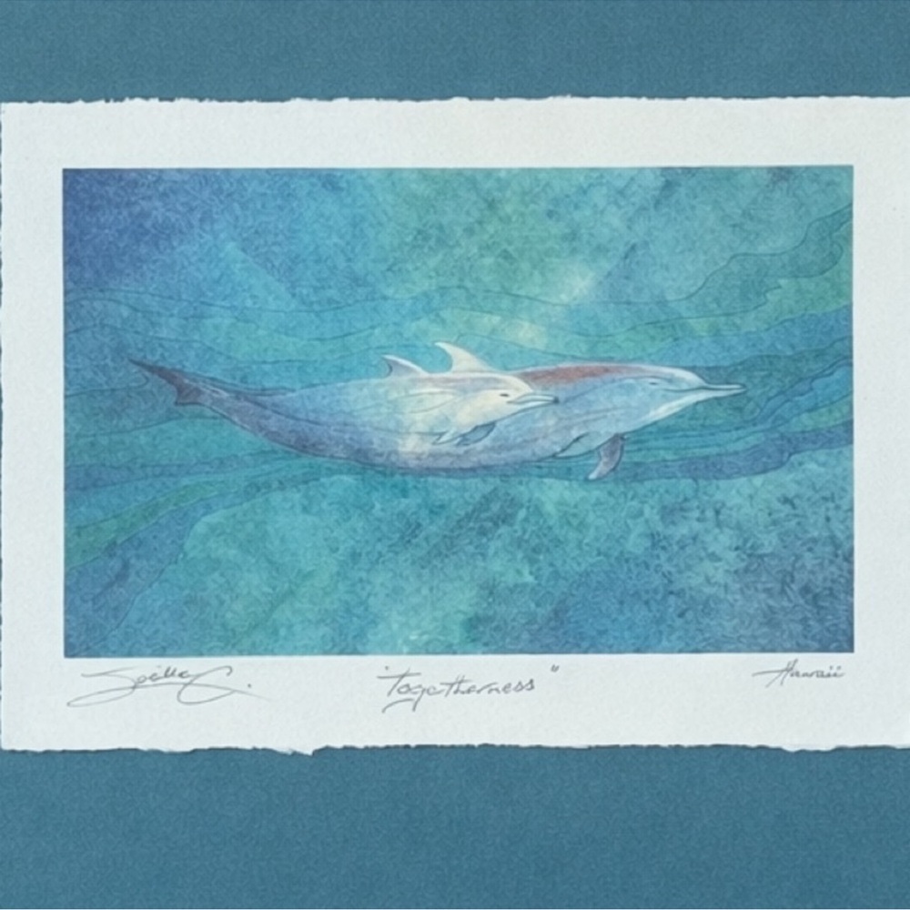 Pam E Webb “Togetherness” Dolphin Art Print Framed Blue Mat Silver Frame Coastal - Picture 2 of 4
